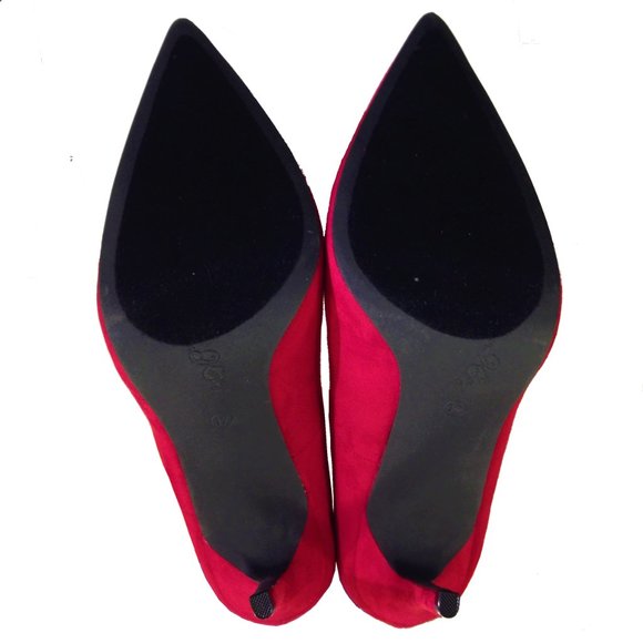 Penny Loves Kenny Manner Vegan Suede Pom Pointed Toe Pump Heels Red 12 Wide - Picture 7 of 8
